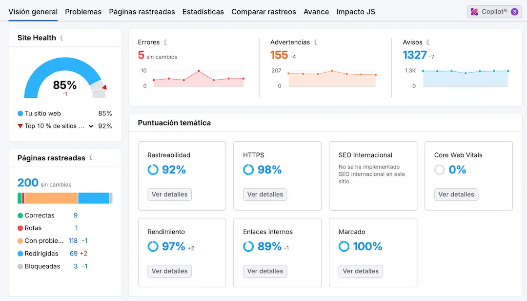 Auditoría web y SEO en Semrush