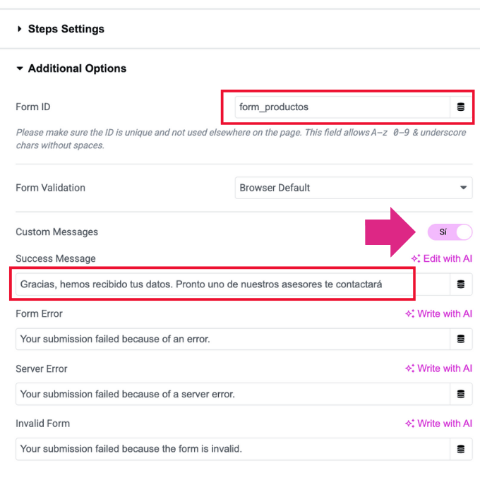 Mensajes personalizados en formularios con Elementor Pro