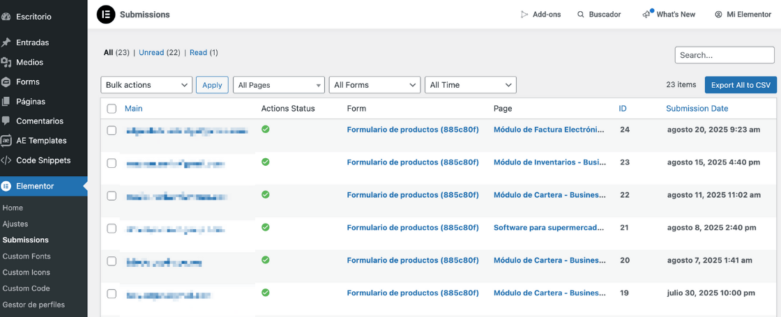 Consulta de registros de formularios en Elementor Pro