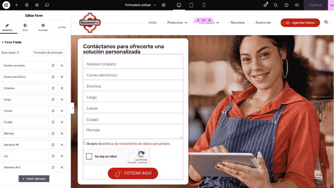 Ejemplo de formulario optimizado en Elementor Pro